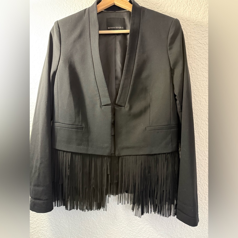 Banana Republic Fringed Black Cropped Open Front Wool Blend Blazer - Picture 2 of 13